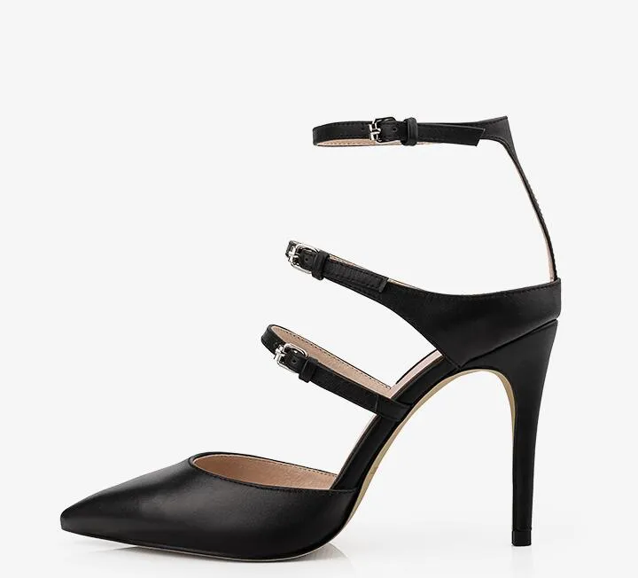 🌟 Ladies Elegant Genuine Leather, Sleek Black Slingbacks With Thin Buckle, Pointed Toe & High Stiletto Heel.