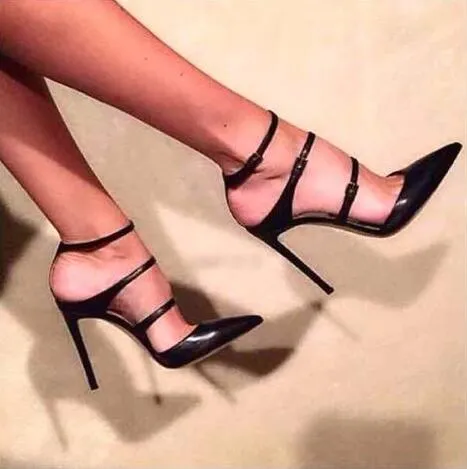 🌟 Ladies Elegant Genuine Leather, Sleek Black Slingbacks With Thin Buckle, Pointed Toe & High Stiletto Heel.