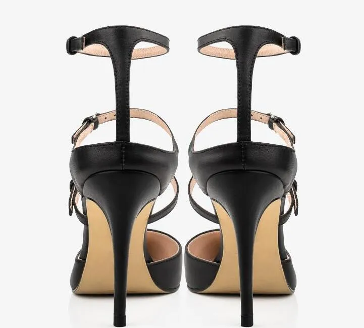 🌟 Ladies Elegant Genuine Leather, Sleek Black Slingbacks With Thin Buckle, Pointed Toe & High Stiletto Heel.