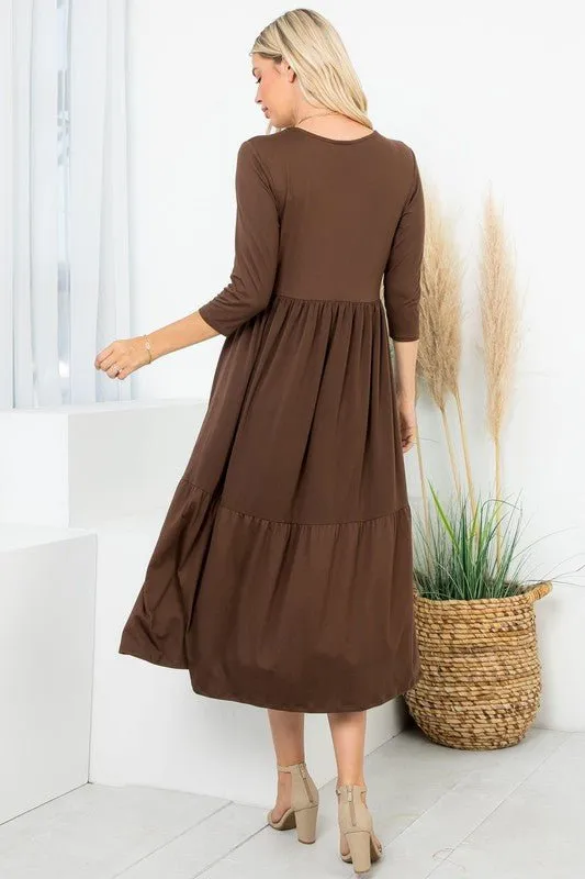 A Joy Forever Tiered Midi Dress in Brown - Curvy