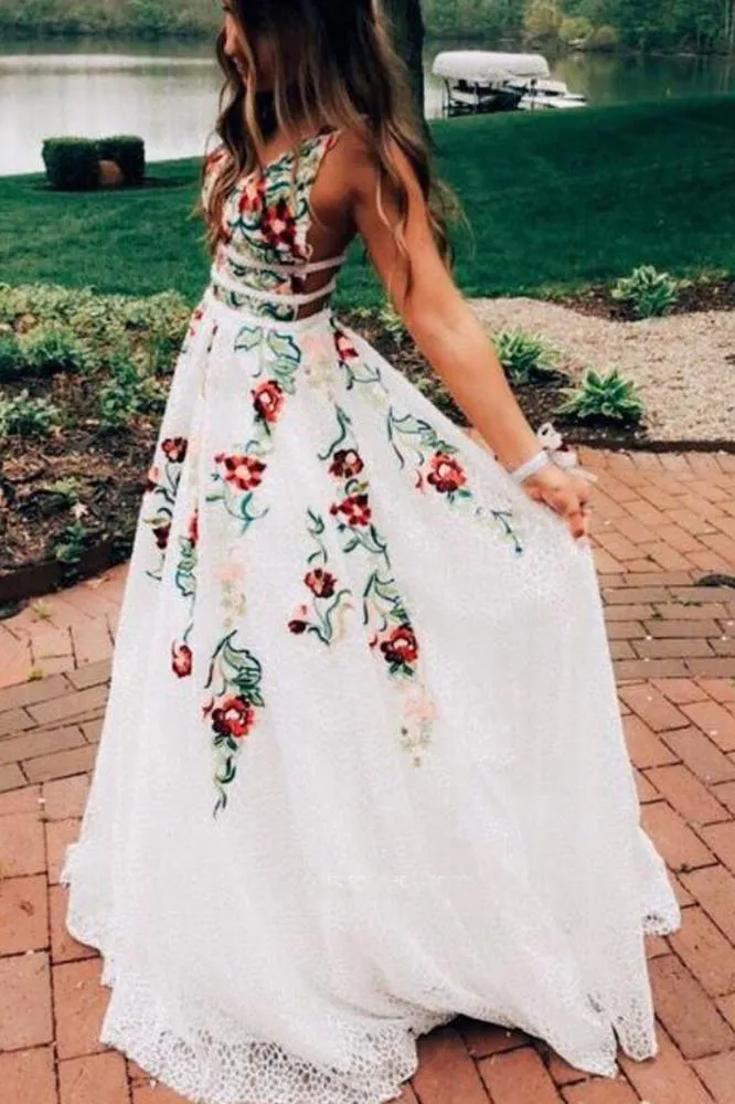 A Line V Neck Flower Appliques Prom Dresses Long Evening Dresses TP0888