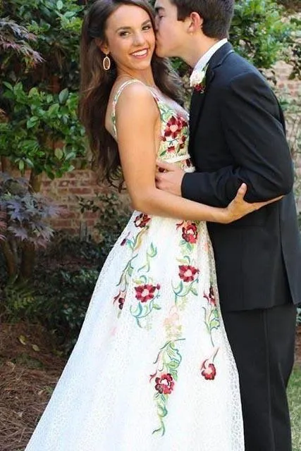A Line V Neck Flower Appliques Prom Dresses Long Evening Dresses TP0888