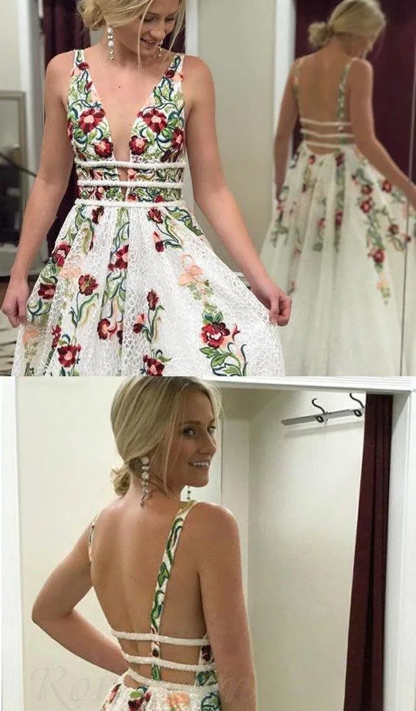 A Line V Neck Flower Appliques Prom Dresses Long Evening Dresses TP0888