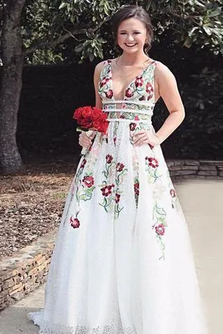A Line V Neck Flower Appliques Prom Dresses Long Evening Dresses TP0888
