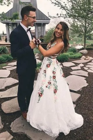 A Line V Neck Flower Appliques Prom Dresses Long Evening Dresses TP0888