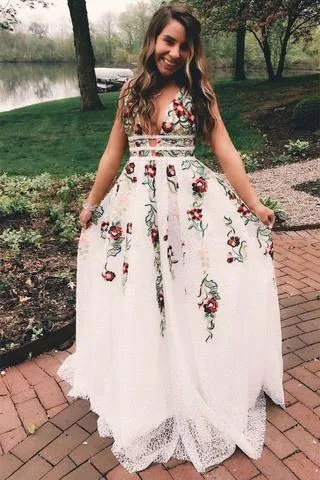 A Line V Neck Flower Appliques Prom Dresses Long Evening Dresses TP0888
