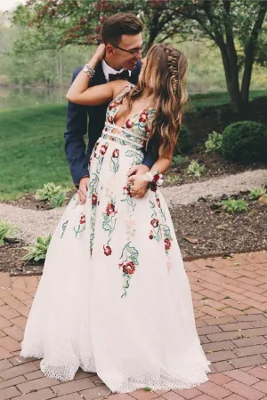 A Line V Neck Flower Appliques Prom Dresses Long Evening Dresses TP0888