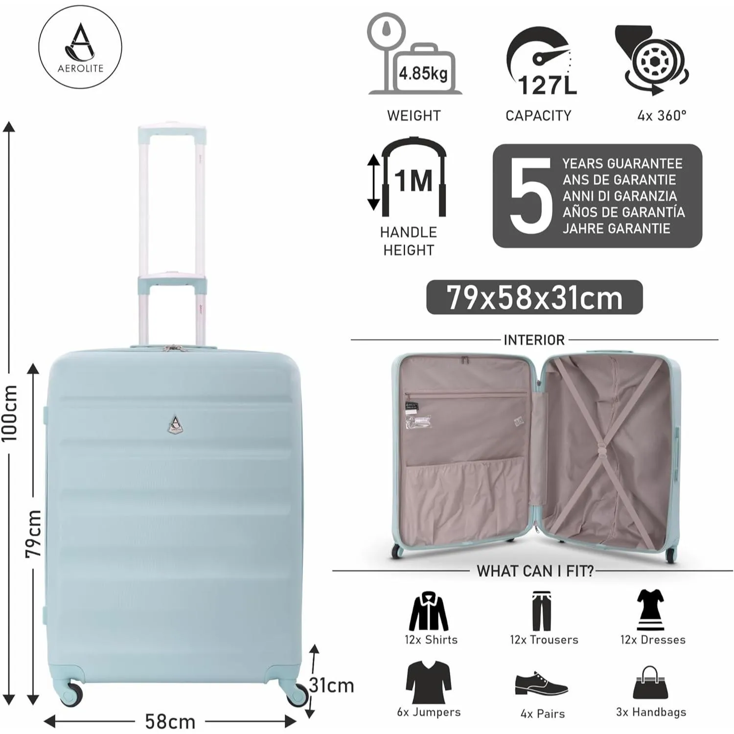 Aerolite Large 29" Large Lightweight Hard Shell Luggage Suitcase with 4 Spinner Wheels for 360 Degree Manoeuvrability, (79x58x31cm)