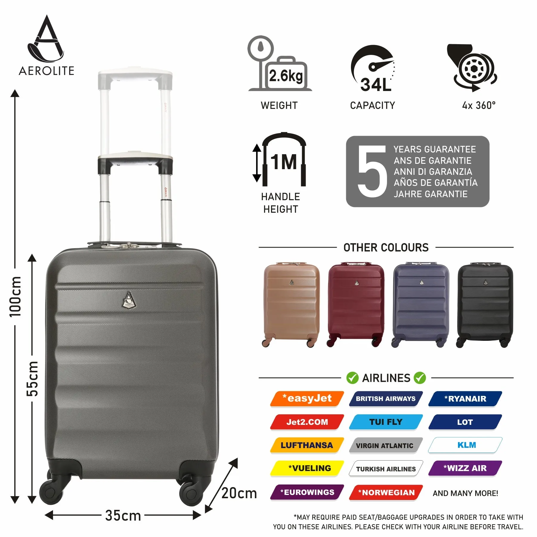 Aerolite Ryanair Max Cabin Luggage Bundle - 55x35x20cm ABS Hard Shell Carry On Suitcase for Priority Boarding   40x20x25 Hand Luggage Backpack Holdall Charcoal