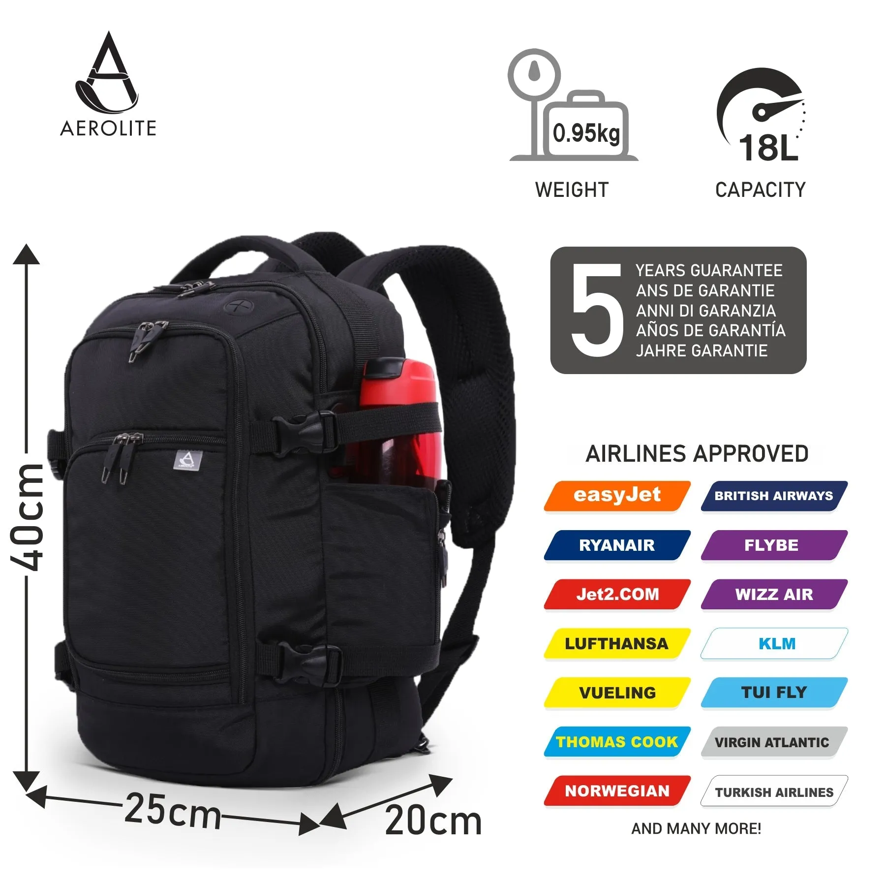 Aerolite Ryanair Max Cabin Luggage Bundle - 55x35x20cm ABS Hard Shell Carry On Suitcase for Priority Boarding   40x20x25 Hand Luggage Backpack Holdall Charcoal