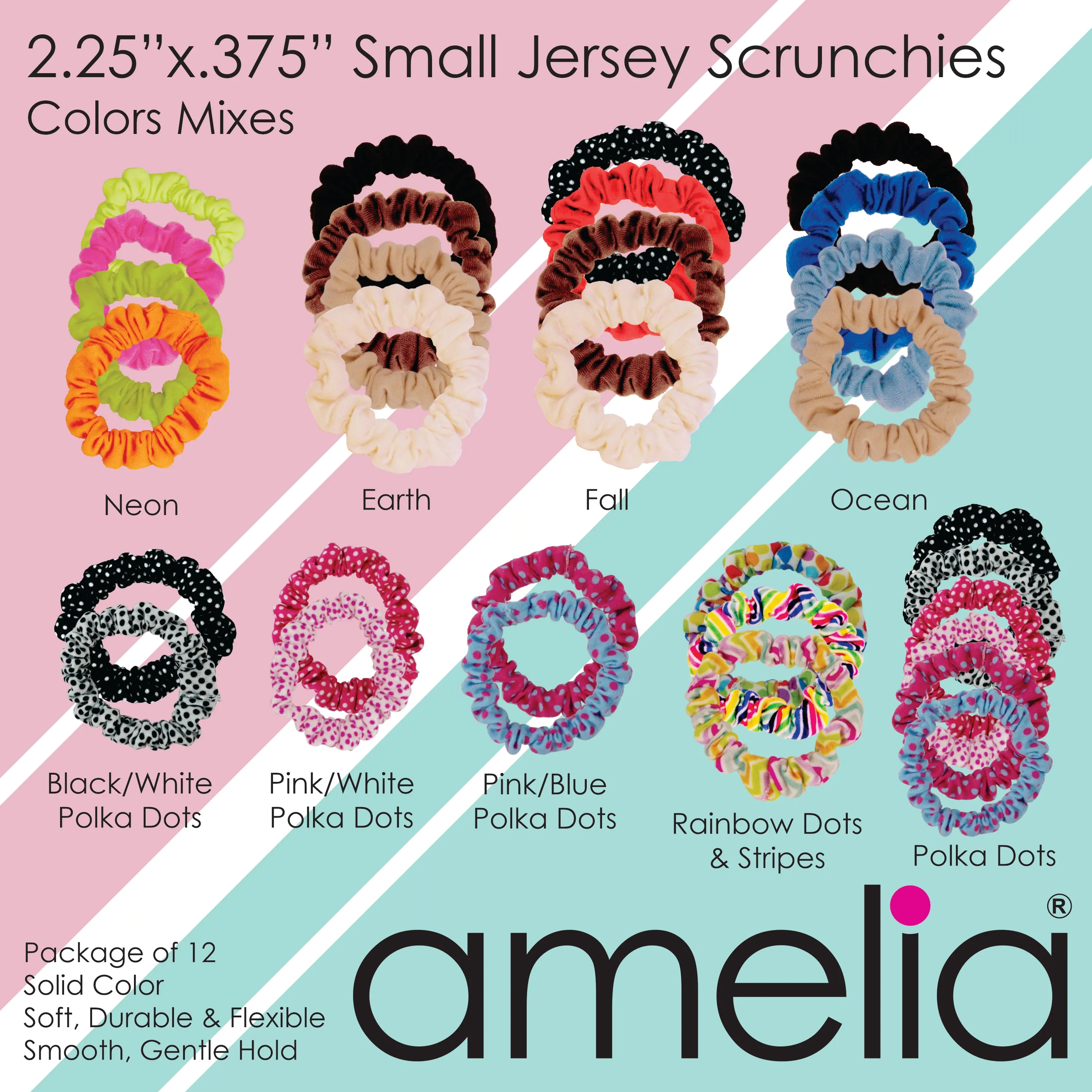 Amelia Beauty, Black Jersey Scrunchies, 2.25in Diameter, Gentle on Hair, Strong Hold, No Snag, No Dents or Creases. 12 Pack