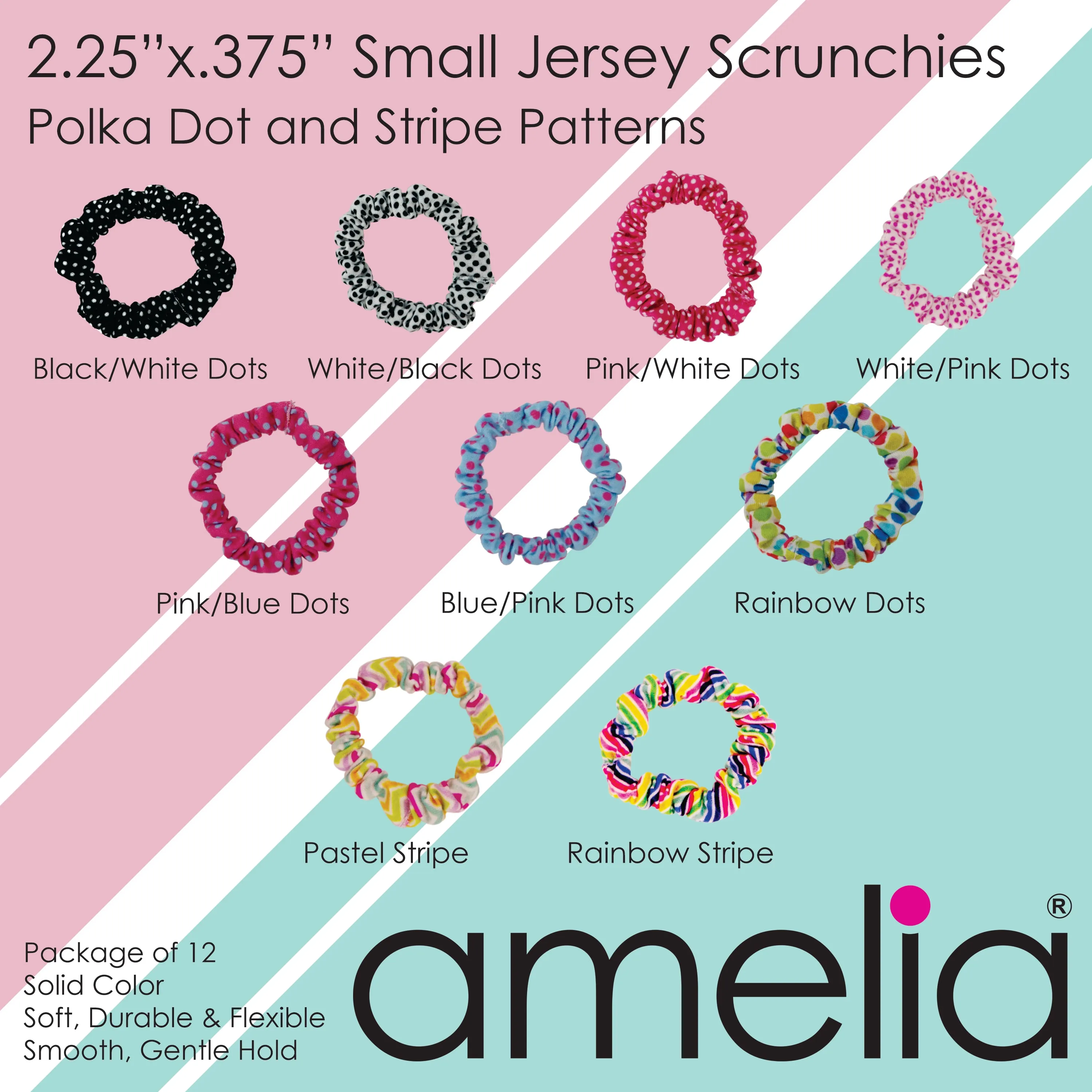 Amelia Beauty, Black Jersey Scrunchies, 2.25in Diameter, Gentle on Hair, Strong Hold, No Snag, No Dents or Creases. 12 Pack