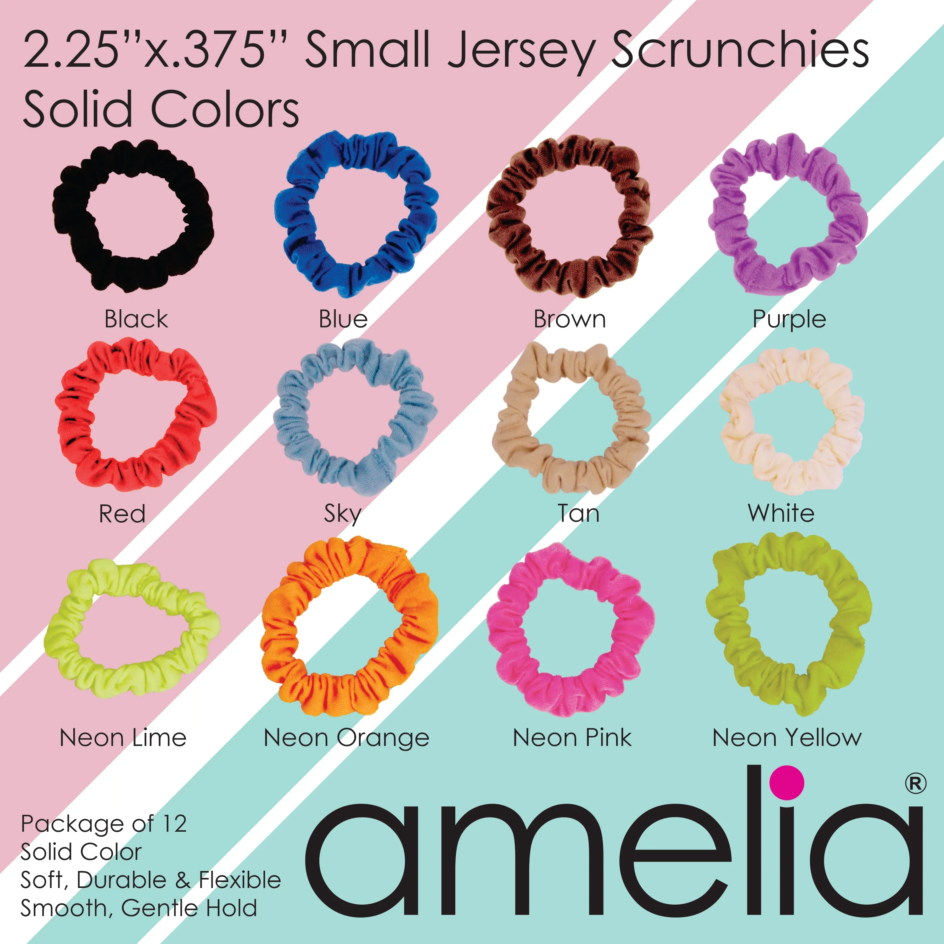 Amelia Beauty, Black Jersey Scrunchies, 2.25in Diameter, Gentle on Hair, Strong Hold, No Snag, No Dents or Creases. 12 Pack