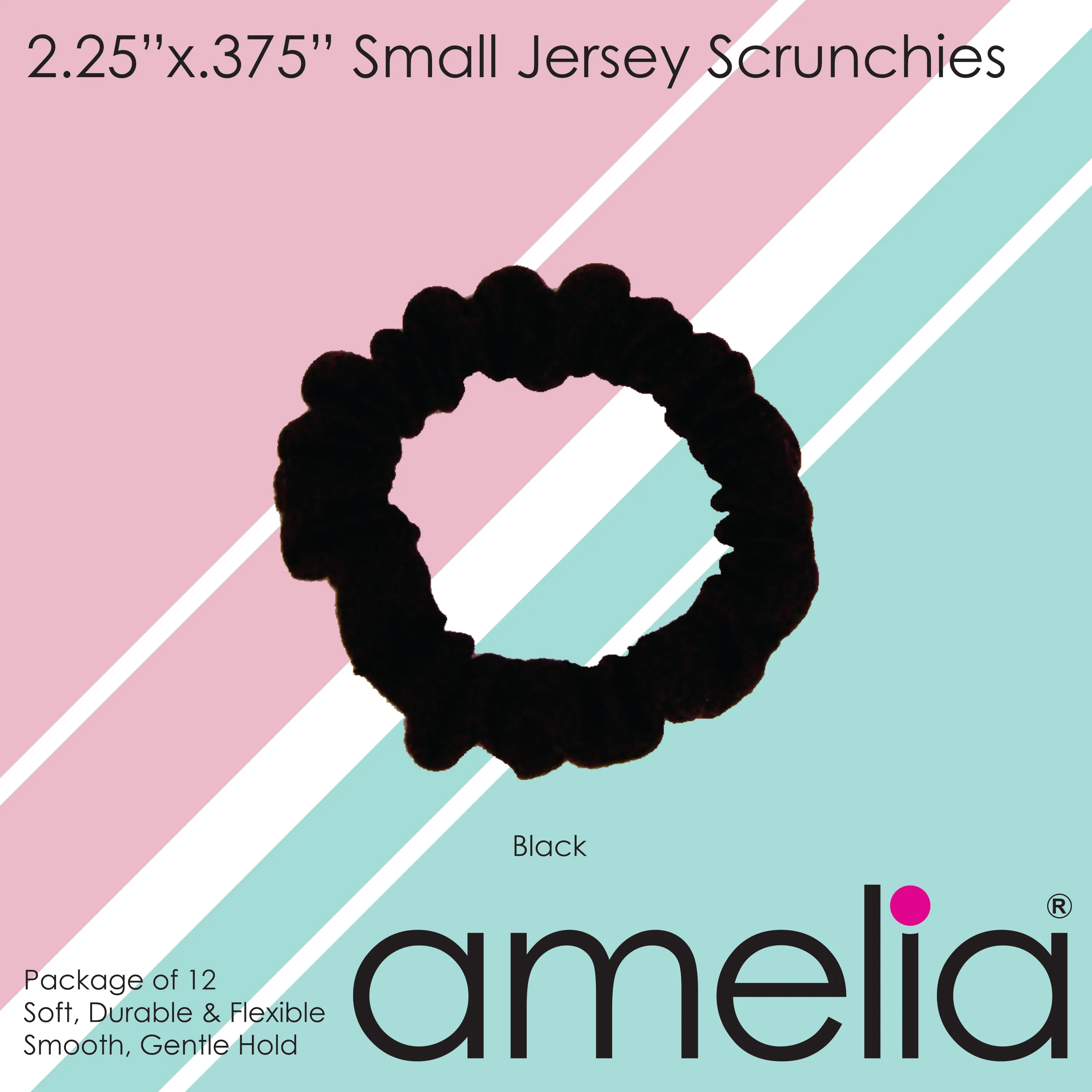 Amelia Beauty, Black Jersey Scrunchies, 2.25in Diameter, Gentle on Hair, Strong Hold, No Snag, No Dents or Creases. 12 Pack