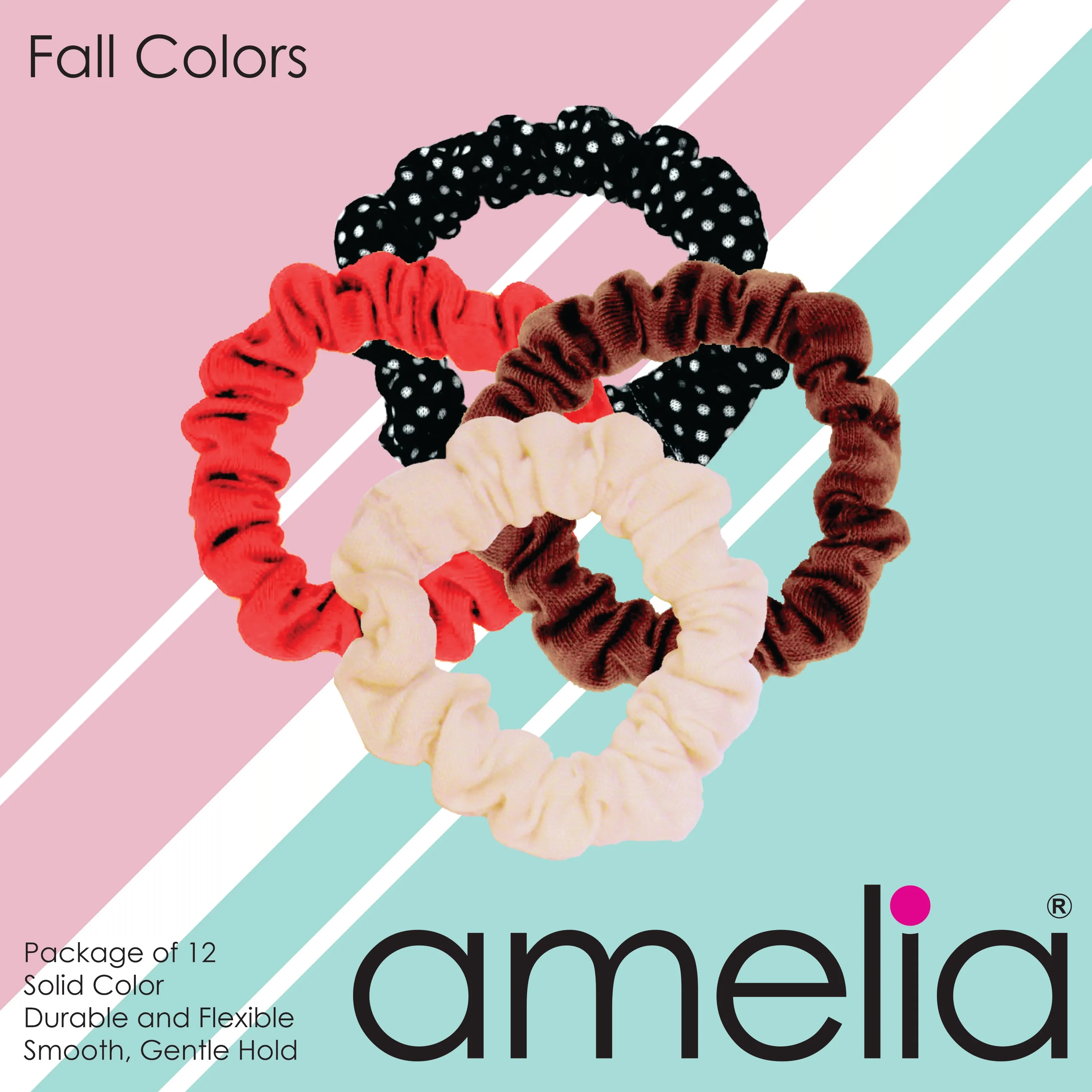 Amelia Beauty, Fall Colors Blend Jersey Scrunchies, 2.25in Diameter, Gentle on Hair, Strong Hold, No Snag, No Dents or Creases. 12 Pack