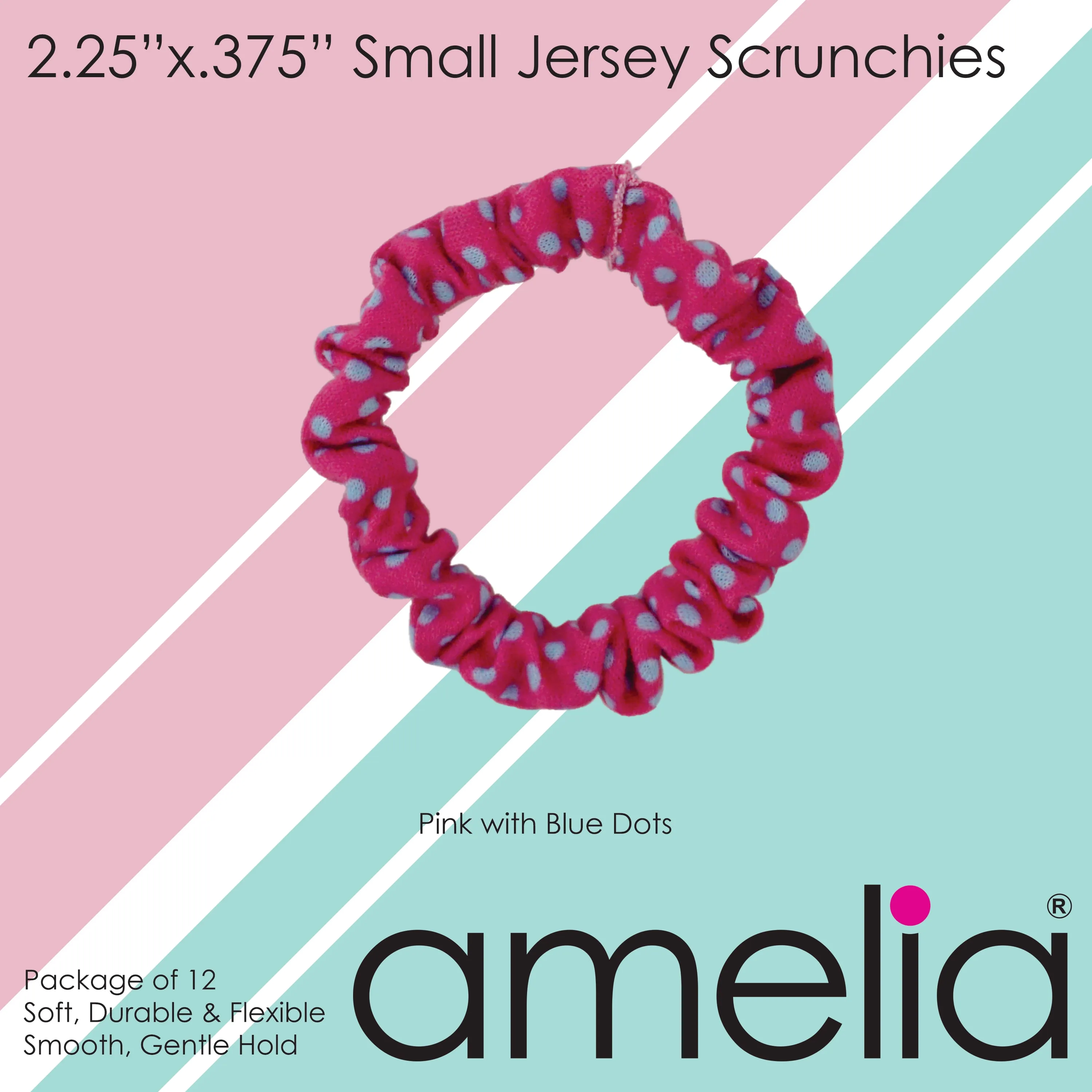 Amelia Beauty, Pink/Blue Dot Jersey Scrunchies, 2.25in Diameter, Gentle on Hair, Strong Hold, No Snag, No Dents or Creases. 12 Pack