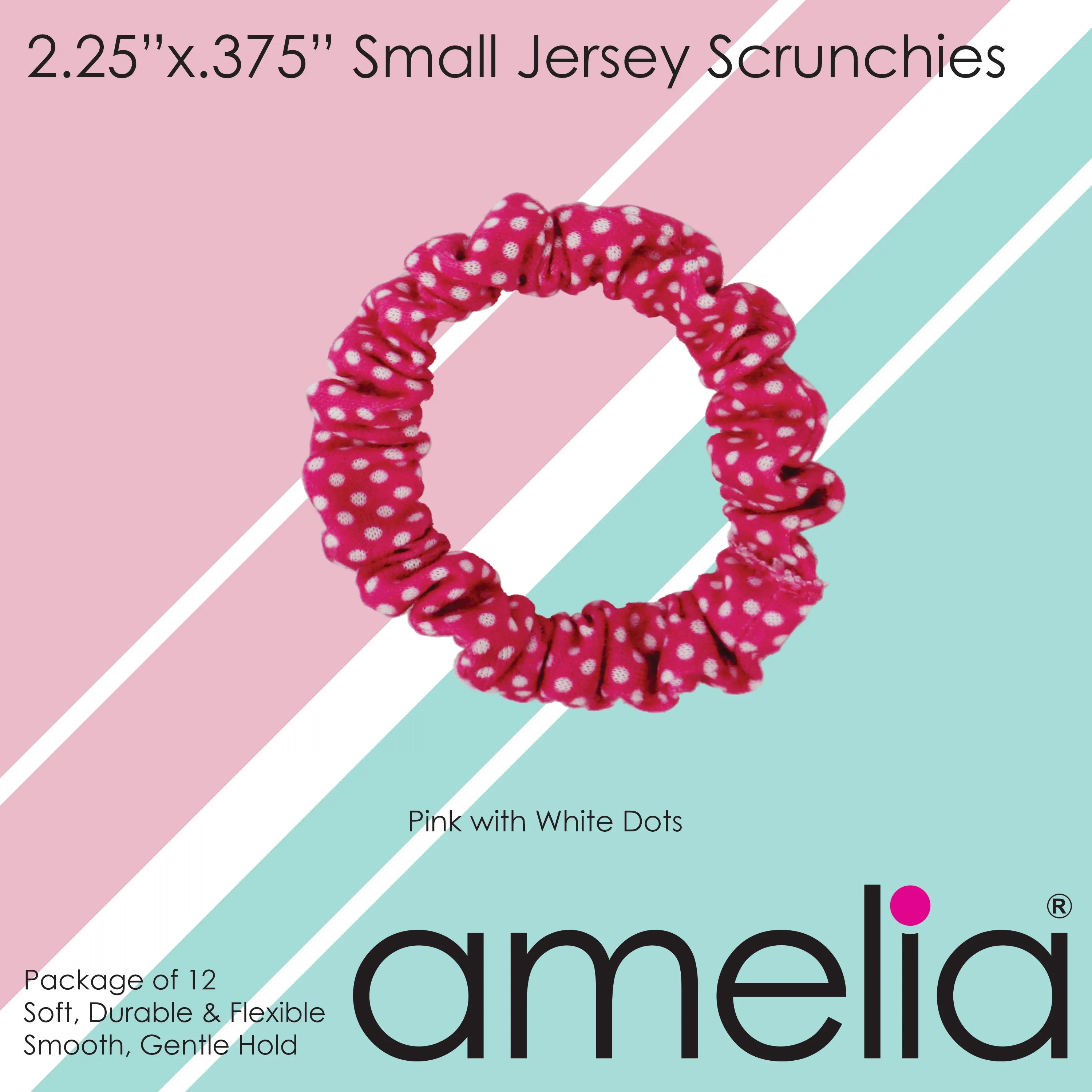 Amelia Beauty, Purple/White Dot Jersey Scrunchies, 2.25in Diameter, Gentle on Hair, Strong Hold, No Snag, No Dents or Creases. 12 Pack