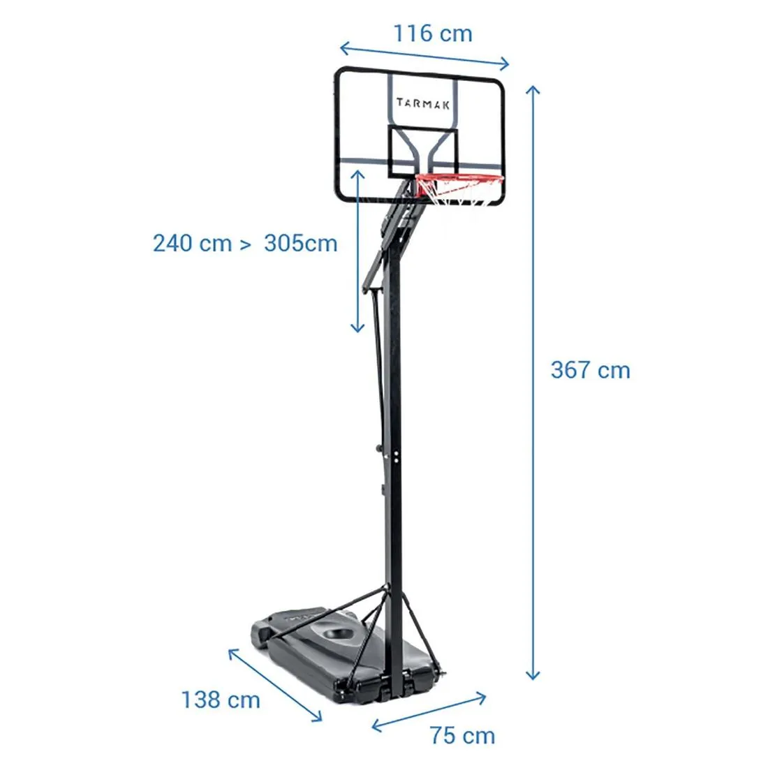 Basketball Hoop By Tarmak - 2.40m to 3.05m With Easy Adjustment