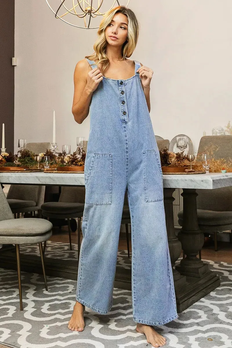 BiBi Washed Denim Buttoned Overall Jumpsuit