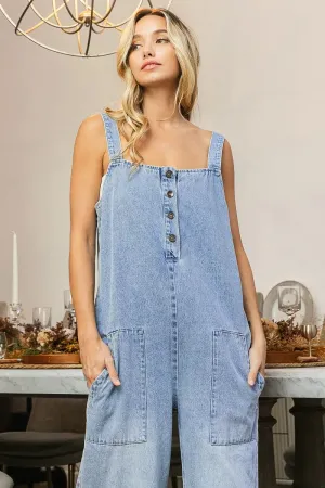 BiBi Washed Denim Buttoned Overall Jumpsuit