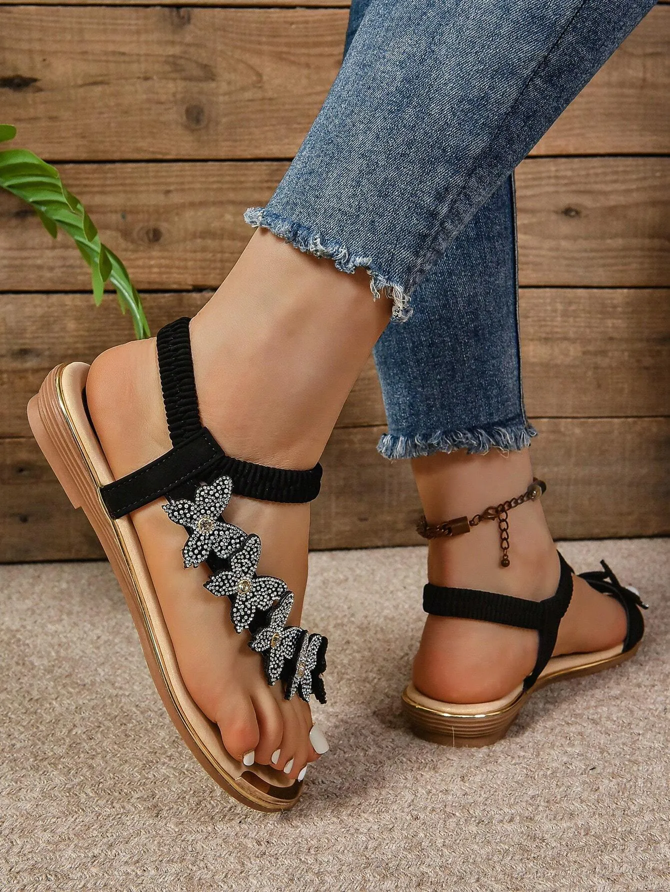 Butterfly Slip-On Rhinestone Casual Fashionable Flat Sandals
