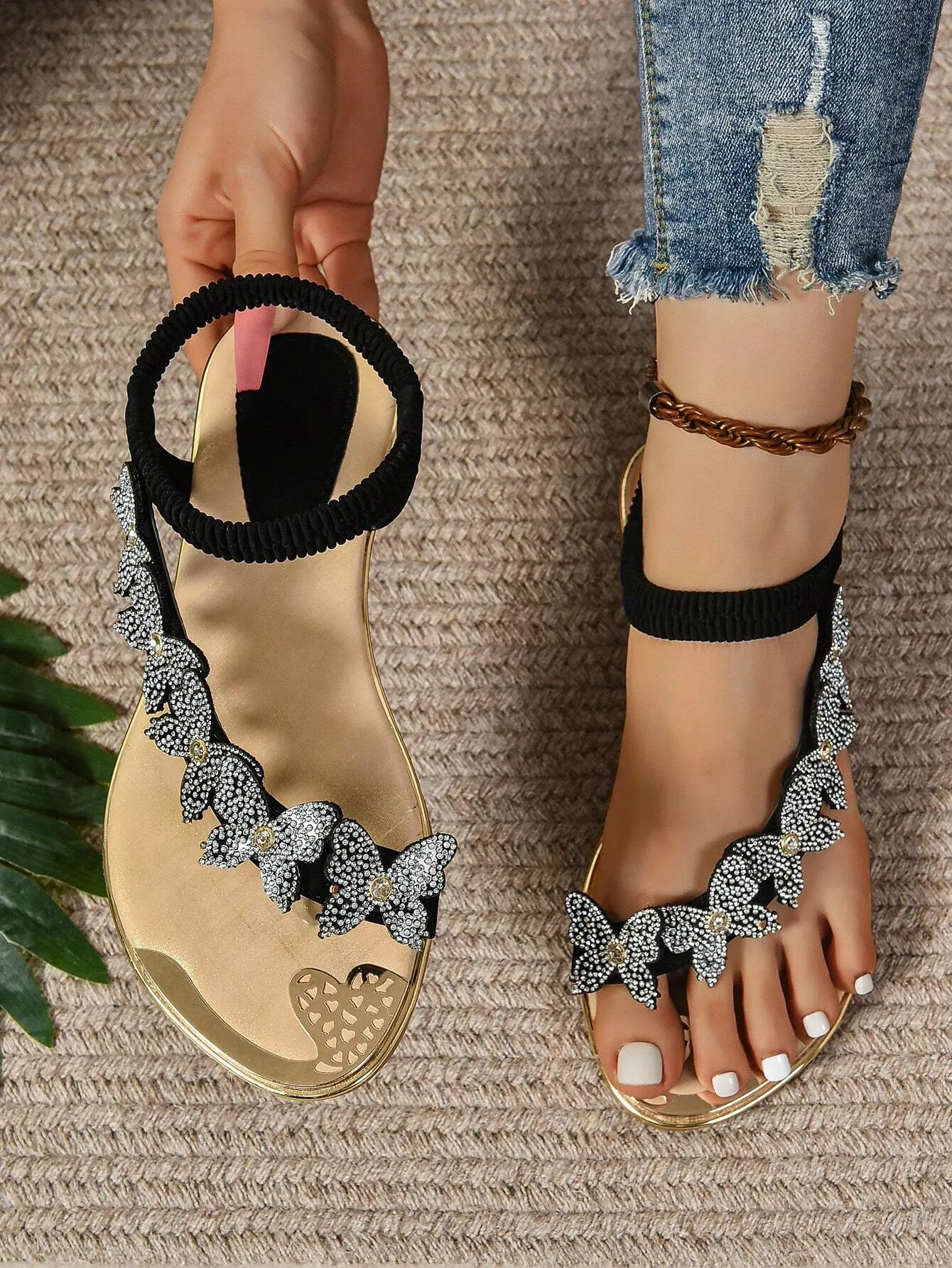 Butterfly Slip-On Rhinestone Casual Fashionable Flat Sandals
