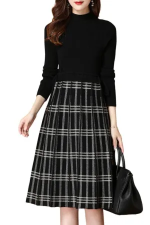 Chouyatou Women's Vintage Plaid Checkered Color Block A Line Pleated Knitted Sweater Midi Long Dress