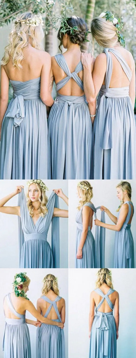 Convertible Simple Blue Jersey High Quality Custom Floor-Length Cheap Bridesmaid Dresses, WG80