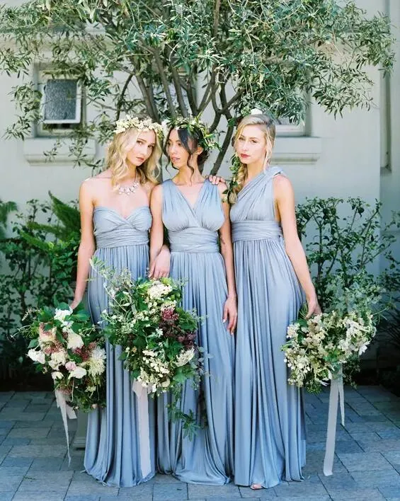 Convertible Simple Blue Jersey High Quality Custom Floor-Length Cheap Bridesmaid Dresses, WG80