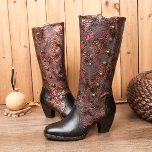 CrazycatZ Womens Leather  Knee High Boots Patterned Long Boots Vintage Boots
