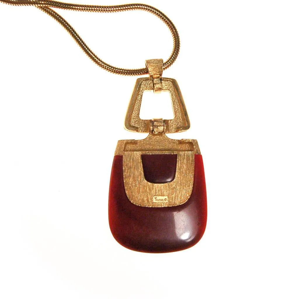 Crown Trifari Modernist Pendant Necklace with Red Lucite