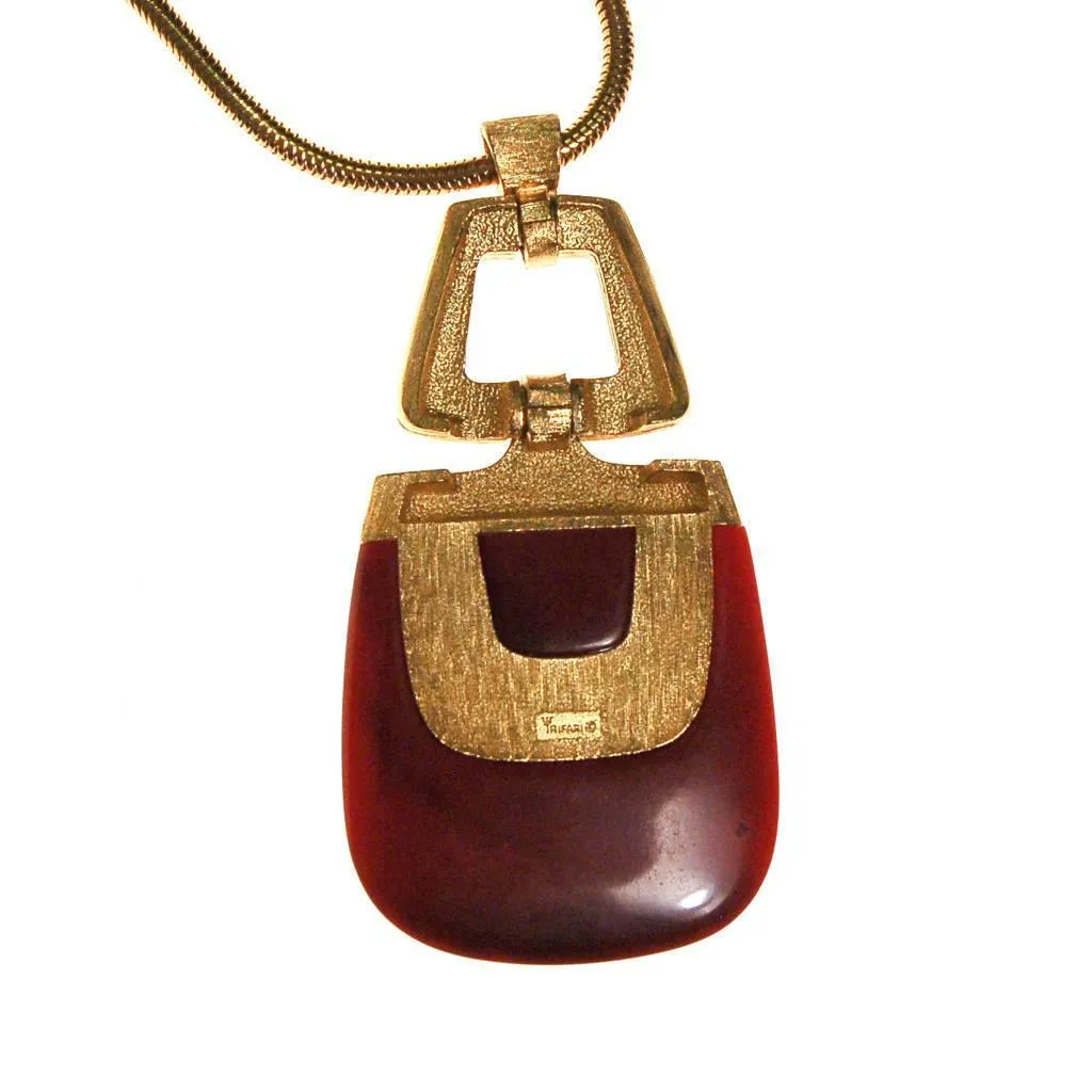 Crown Trifari Modernist Pendant Necklace with Red Lucite