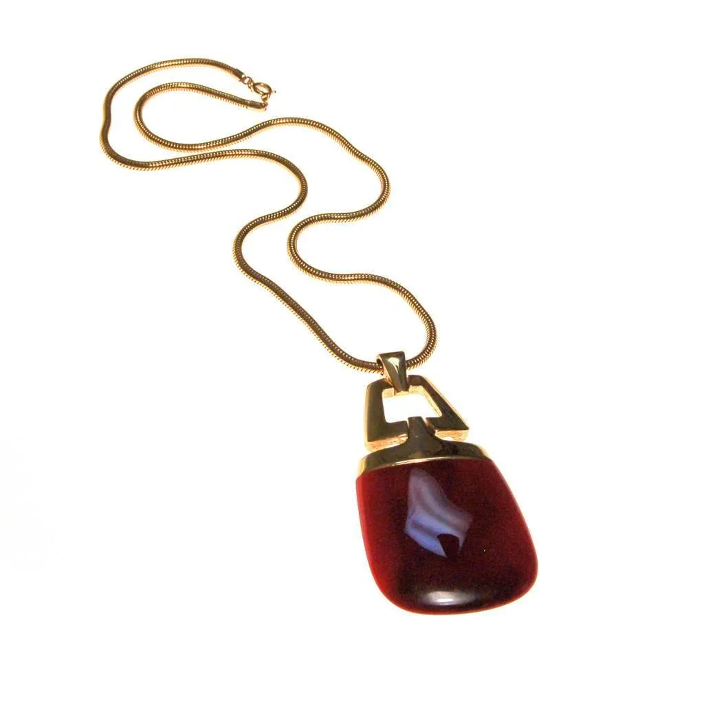 Crown Trifari Modernist Pendant Necklace with Red Lucite
