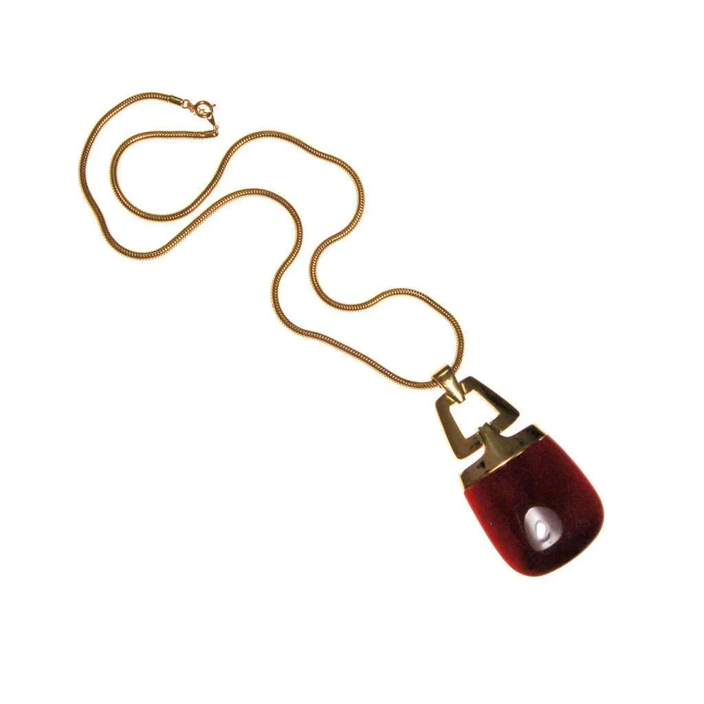 Crown Trifari Modernist Pendant Necklace with Red Lucite