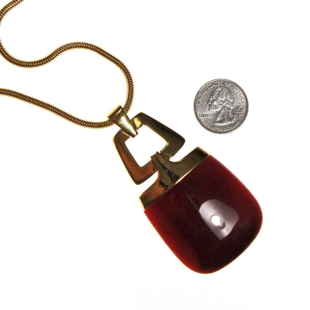 Crown Trifari Modernist Pendant Necklace with Red Lucite
