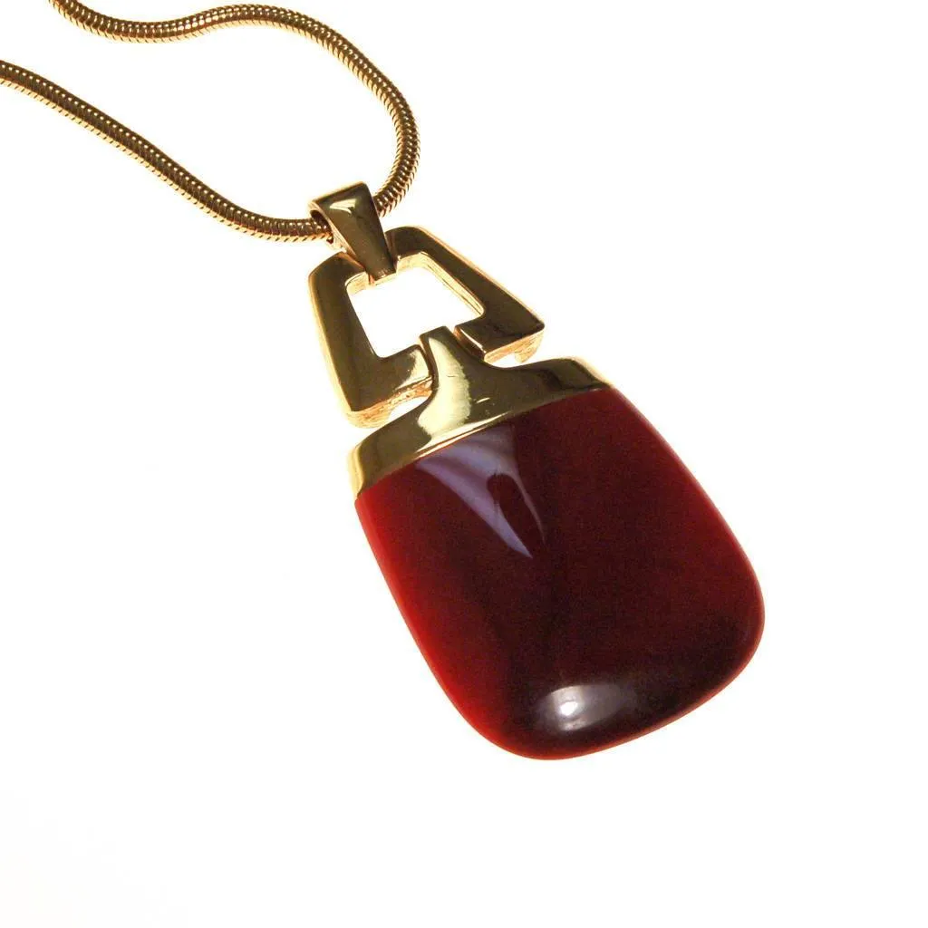 Crown Trifari Modernist Pendant Necklace with Red Lucite