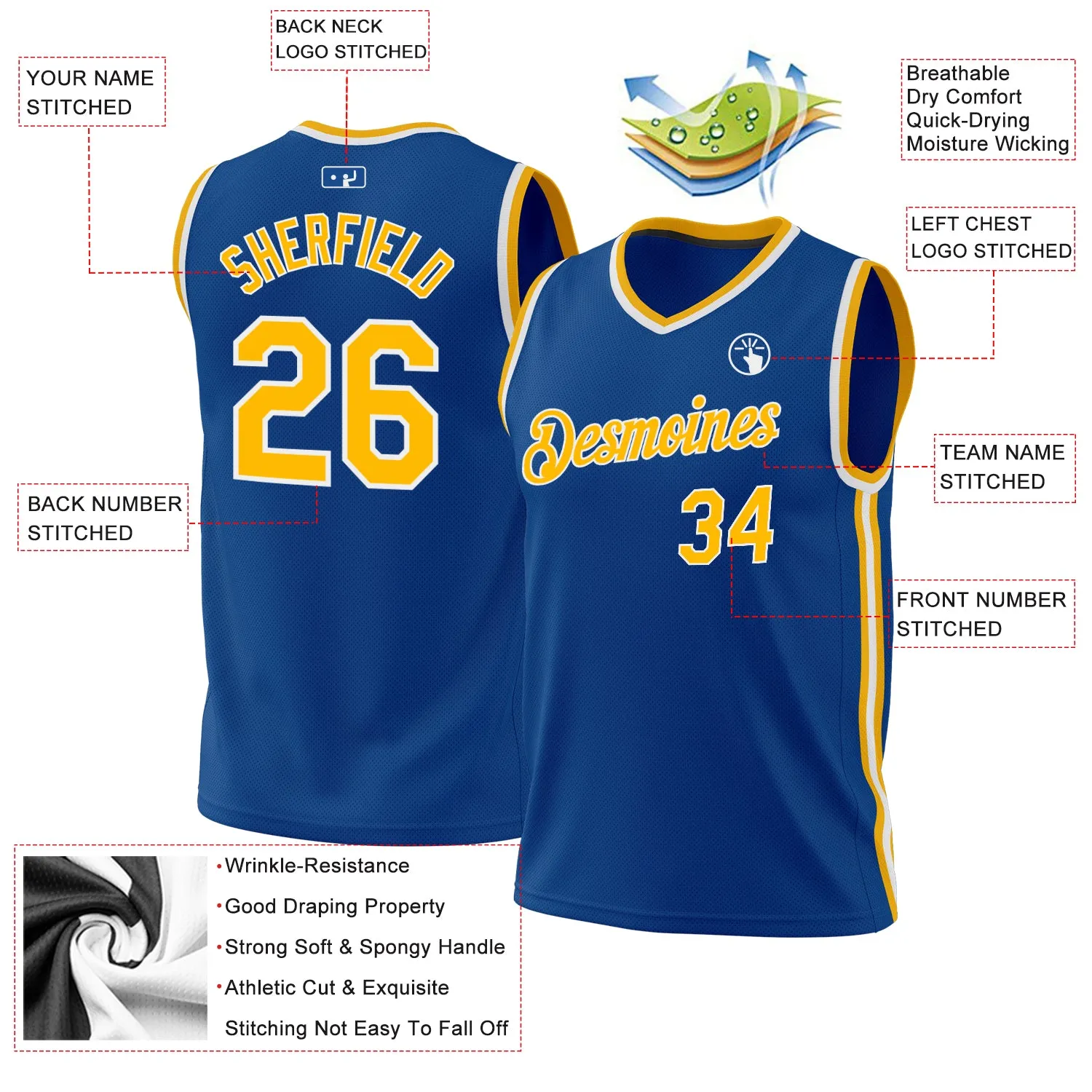 Custom Blue Gold-White Authentic Throwback Basketball Jersey