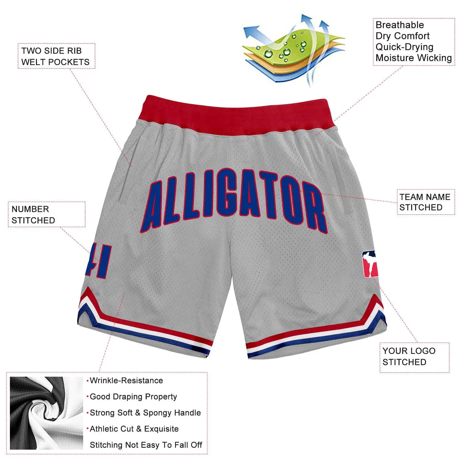 Custom Gray Royal-Red Authentic Throwback Basketball Shorts