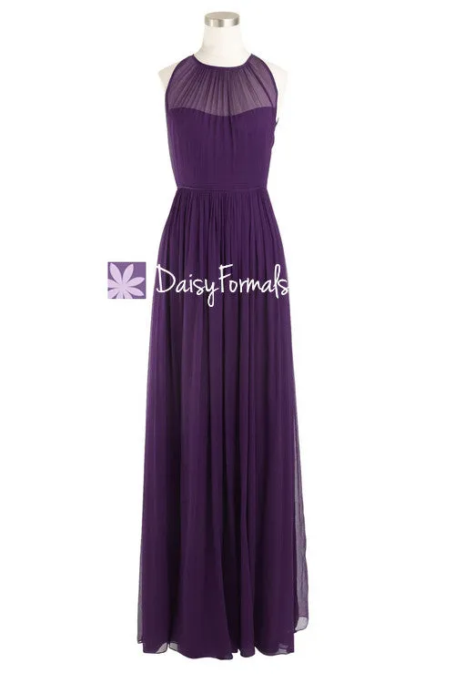 Dark Plum Bridesmaid Dress Sleek Illusion Neckline Vintage Evening Dress (BM5197L)