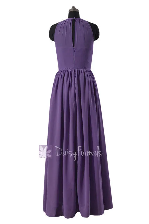 Dark Plum Bridesmaid Dress Sleek Illusion Neckline Vintage Evening Dress (BM5197L)