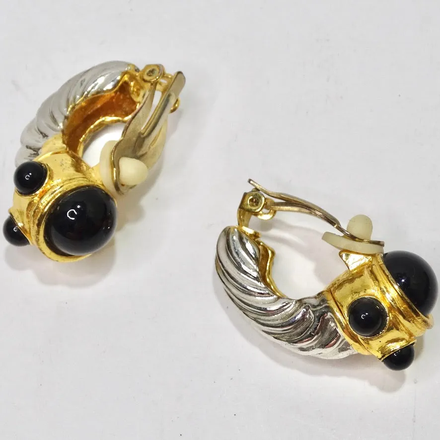 David Yurman Inspired Gold and Silver Tone Onyx Huggie Earrings