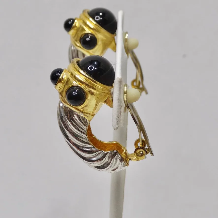 David Yurman Inspired Gold and Silver Tone Onyx Huggie Earrings