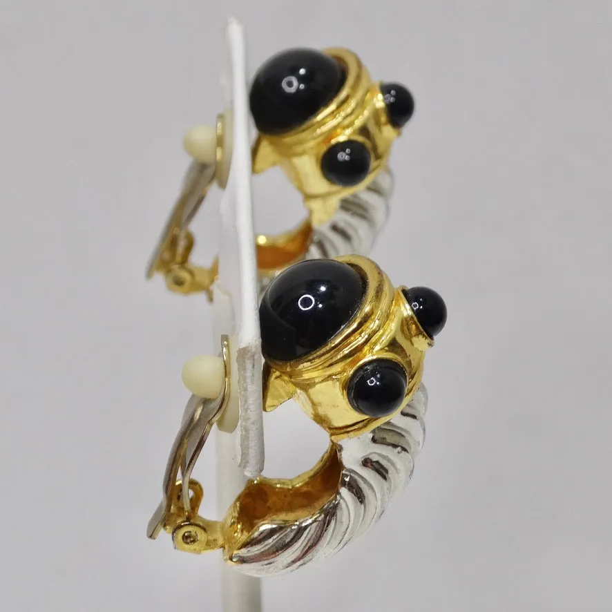 David Yurman Inspired Gold and Silver Tone Onyx Huggie Earrings