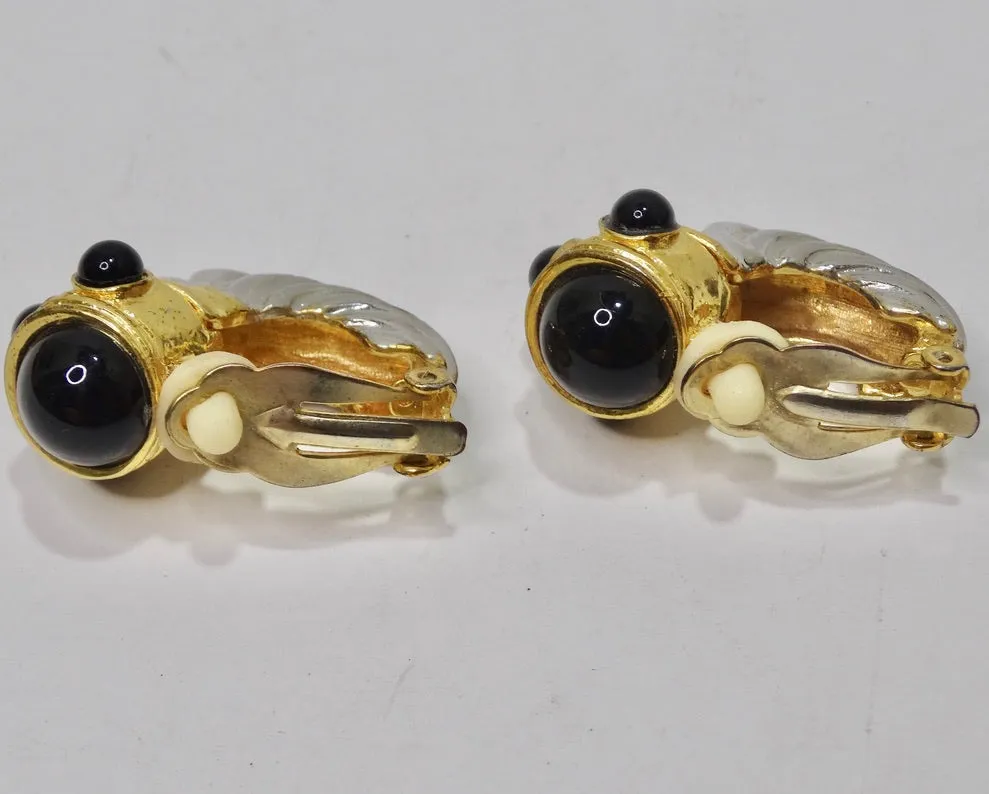 David Yurman Inspired Gold and Silver Tone Onyx Huggie Earrings