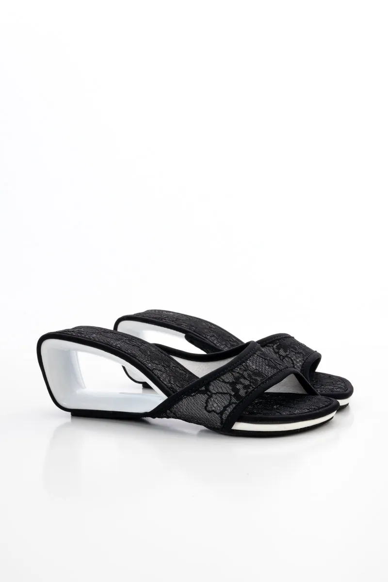 Delicate Balance Lace Mesh Leather Slide - Black