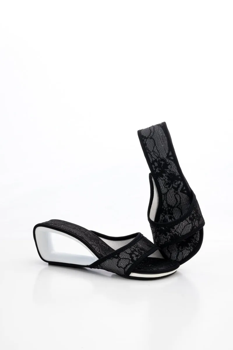 Delicate Balance Lace Mesh Leather Slide - Black