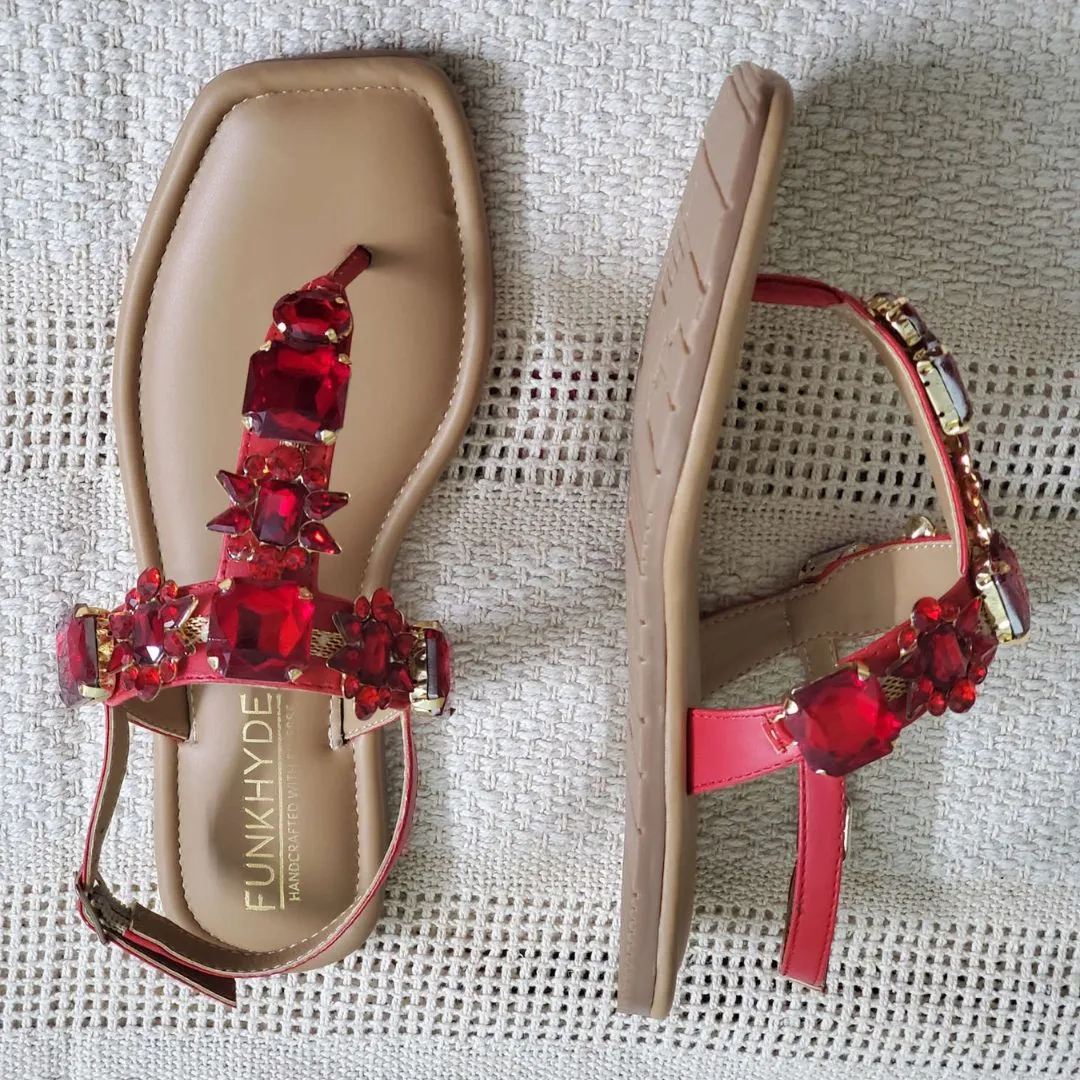 DREAM Flats - Red Embellished Sandals