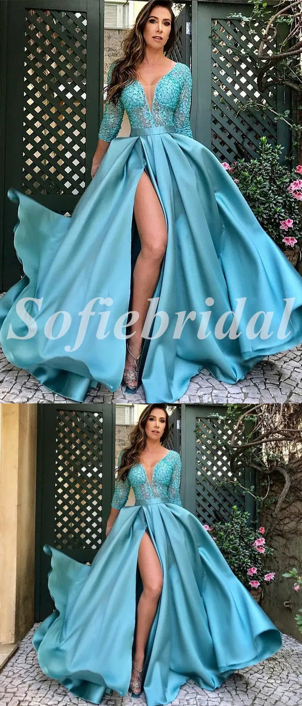 Elegant Satin V-Neck 3/4 Sleeves Side Slit A-Line Long Prom Dresses,SFPD0694