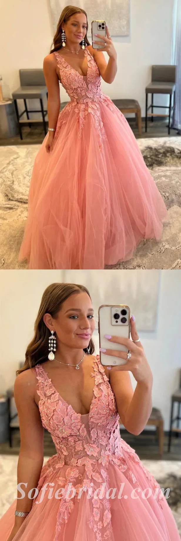 Elegant Tulle Spaghetti Straps V-Neck Sleeveless A-Line Long Prom Dresses With Applique And Beading,SFPD0543