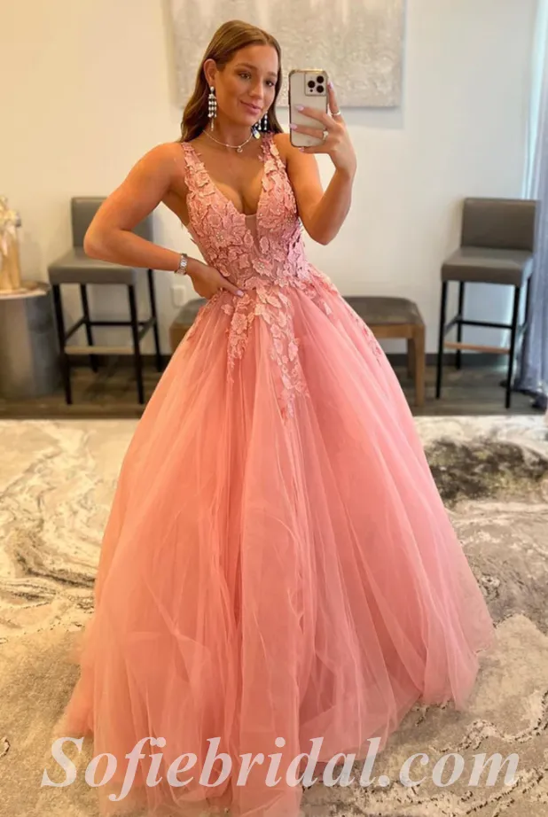 Elegant Tulle Spaghetti Straps V-Neck Sleeveless A-Line Long Prom Dresses With Applique And Beading,SFPD0543